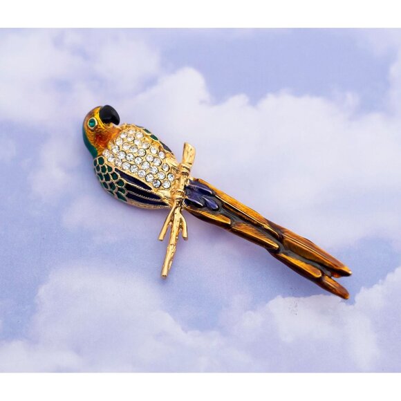 Vintage Colourful Long Tail Parrot 7.6cm Long Pin Brooch - S13 - Picture 1 of 2